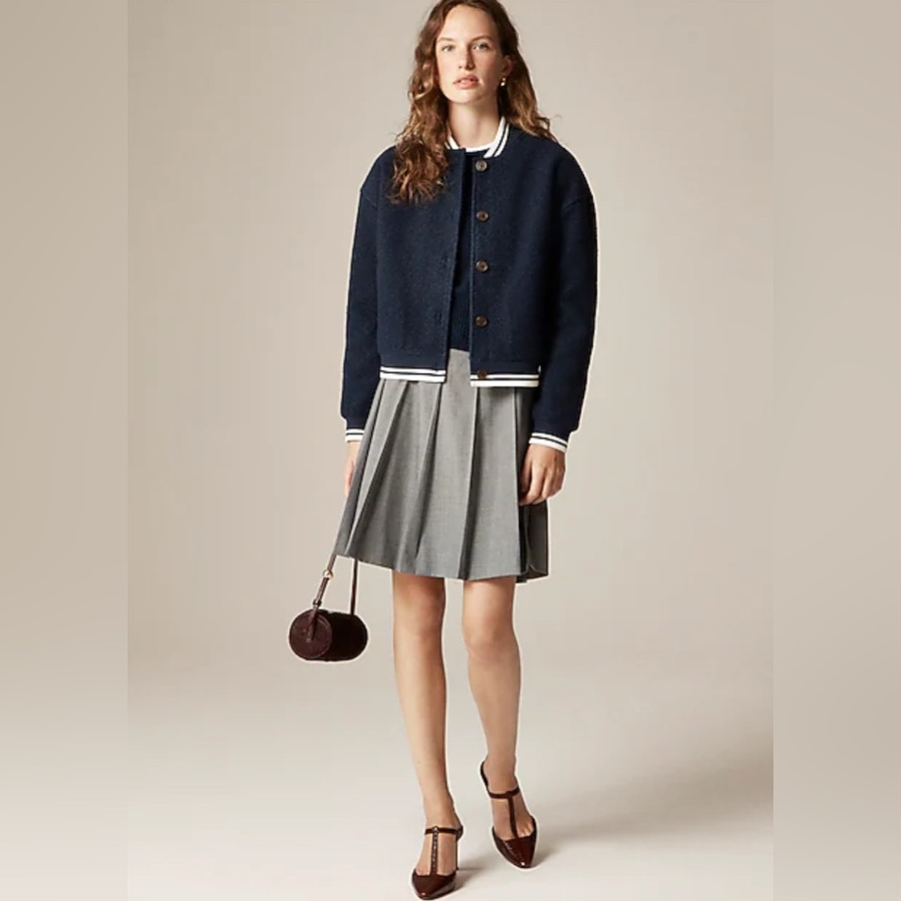 J. Crew Bouclé Bomber Jacket – Varsity Style | Navy Blue & White | Sz. M | $198